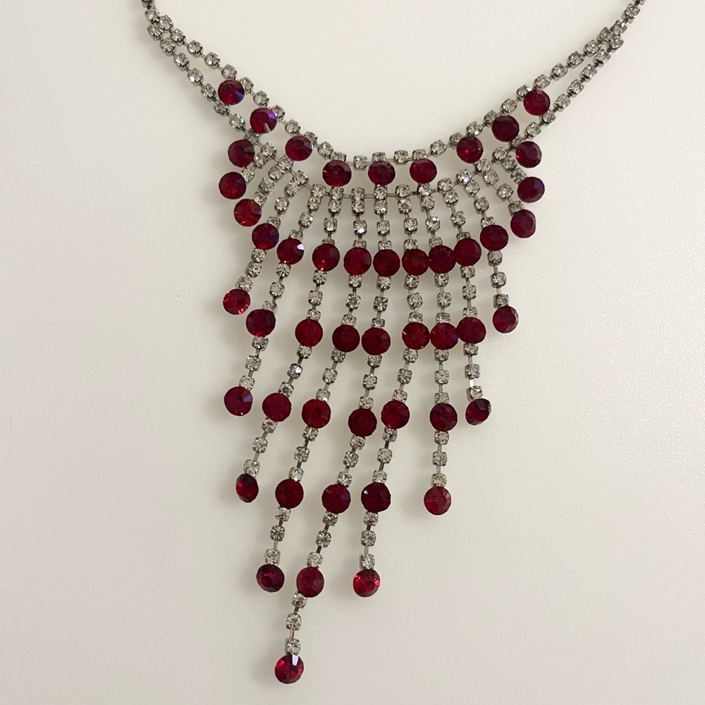 Vintage Fringe Red and Silver Tone Beaded Rhinestone Bib Necklace